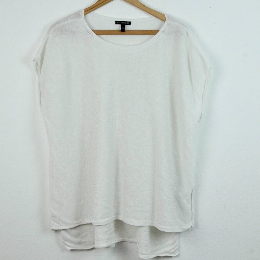 Eileen Fisher Large Top 100% Linen‎ Knit White Beachy Boho Coastal Relaxed Fit